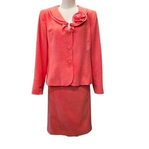 Le Suit Coral Suit Skirt Set with Rose Accent JACKET/SKIRT